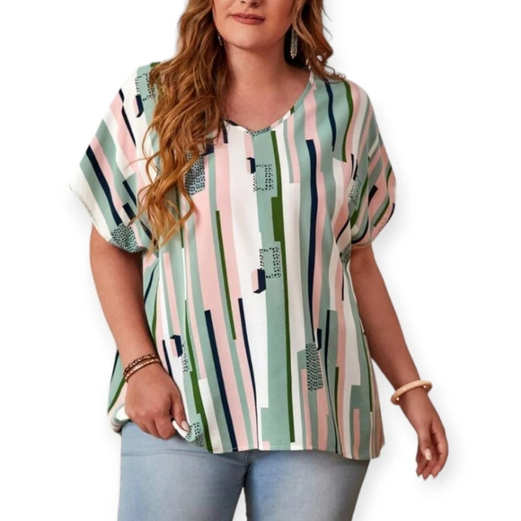 NWOT 3XL Emery Rose Shein V Neck Geo  Striped Short Sleeve T Shirt Blouse Plus - Picture 1 of 7